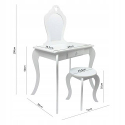 Set masa de toaleta si scaun pentru fetite, oglinda, sertar, lemn alb cu design vintage, 108x71x39.5 cm