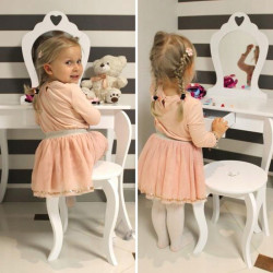 Set masa de toaleta si scaun pentru fetite, oglinda, sertar, lemn alb cu design vintage, 108x71x39.5 cm