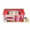 Casuta din lemn pentru papusi, 29x59x90 cm, 3 nivele, iluminata LED, 5 camere, balcon, 15 accesorii