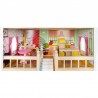 Casuta din lemn pentru papusi, 29x59x90 cm, 3 nivele, iluminata LED, 5 camere, balcon, 15 accesorii