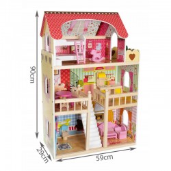 Casuta din lemn pentru papusi, 29x59x90 cm, 3 nivele, iluminata LED, 5 camere, balcon, 15 accesorii