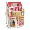 Casuta din lemn pentru papusi, 29x59x90 cm, 3 nivele, iluminata LED, 5 camere, balcon, 15 accesorii