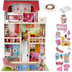 Casa din lemn pentru papusi, 18 accesorii, 3 nivele, iluminata LED, piese mobilier, efect gradina cu piscina
