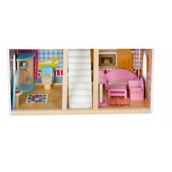 Casa din lemn pentru papusi, 18 accesorii, 3 nivele, iluminata LED, piese mobilier, efect gradina cu piscina
