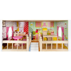 Casa din lemn pentru papusi, 18 accesorii, 3 nivele, iluminata LED, piese mobilier, efect gradina cu piscina