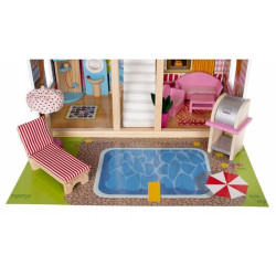 Casa din lemn pentru papusi, 18 accesorii, 3 nivele, iluminata LED, piese mobilier, efect gradina cu piscina