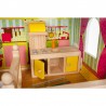 Casa din lemn pentru papusi, 18 accesorii, 3 nivele, iluminata LED, piese mobilier, efect gradina cu piscina