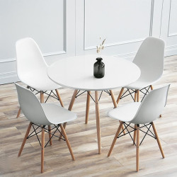 Masa rotunda, stil scandinav, picioare din lemn, diametru 80 cm, alb