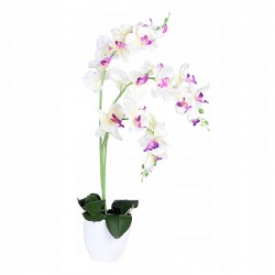 Orhidee artificiala decorativa, 24 flori alb si roz, 65 cm, ghiveci