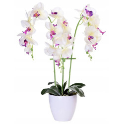 Orhidee artificiala decorativa, 24 flori alb si roz, 65 cm, ghiveci
