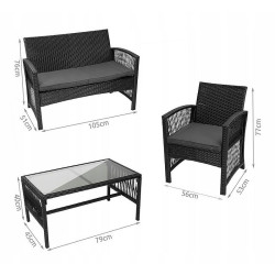 Set mobilier gradina, model ratan, canapea, 2 fotolii, masa de cafea, negru