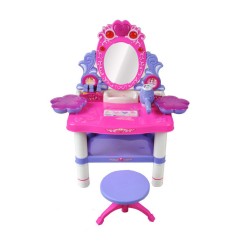 Set masuta de toaleta pentru fetite, scaun, oglinda LED rotativa, bijuterii