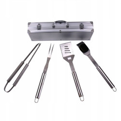 Set 4 ustensile pentru gratar, otel inoxidabil, cutie depozitare, argintiu