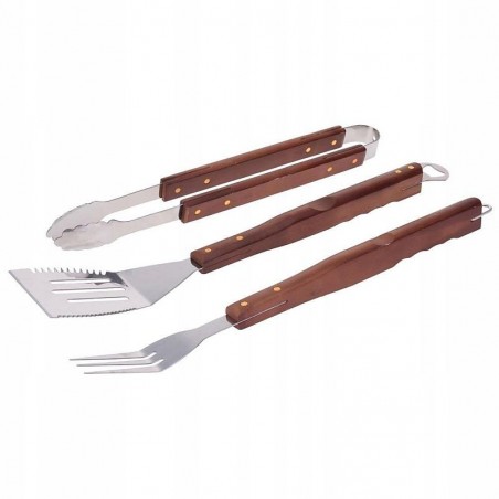 Set 3 ustensile pentru gratar, otel inoxidabil, manere din lemn