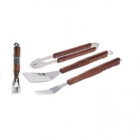 Set 3 ustensile pentru gratar, otel inoxidabil, manere din lemn