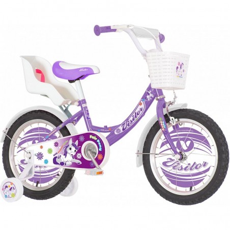 Bicicleta 16 inch, scaun papusi, cos alb, roti ajutatoare, frana V-Brake, Fair Pony mov