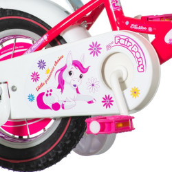Bicicleta 12 inch, Fair Pony roz, cos alb, scaun papusi, roti ajutatoare