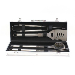 Set 4 ustensile pentru gratar, otel inoxidabil, cutie depozitare, argintiu