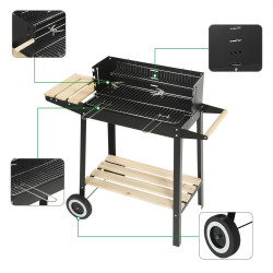 Gratar pe carbuni, rectangular, 2 roti, raft depozitare, blat lateral, otel si lemn