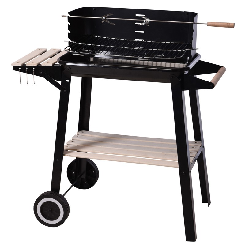 Gratar pe carbuni, rectangular, 2 roti, raft depozitare, blat lateral, otel si lemn Gratar pe carbuni, rectangular, 2 roti, raft depozitare, blat lateral, otel si lemn