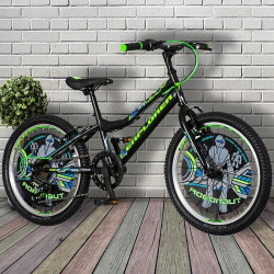 Bicicleta MTB 20 inch, cadru otel, 6 viteze, schimbator Power, V-Brake, negru-verde neon, Explorer