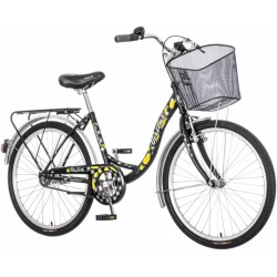 Bicicleta dama, 24 inch, cadru otel, V-Brake, cos frontal, portbagaj, stop, far si claxon