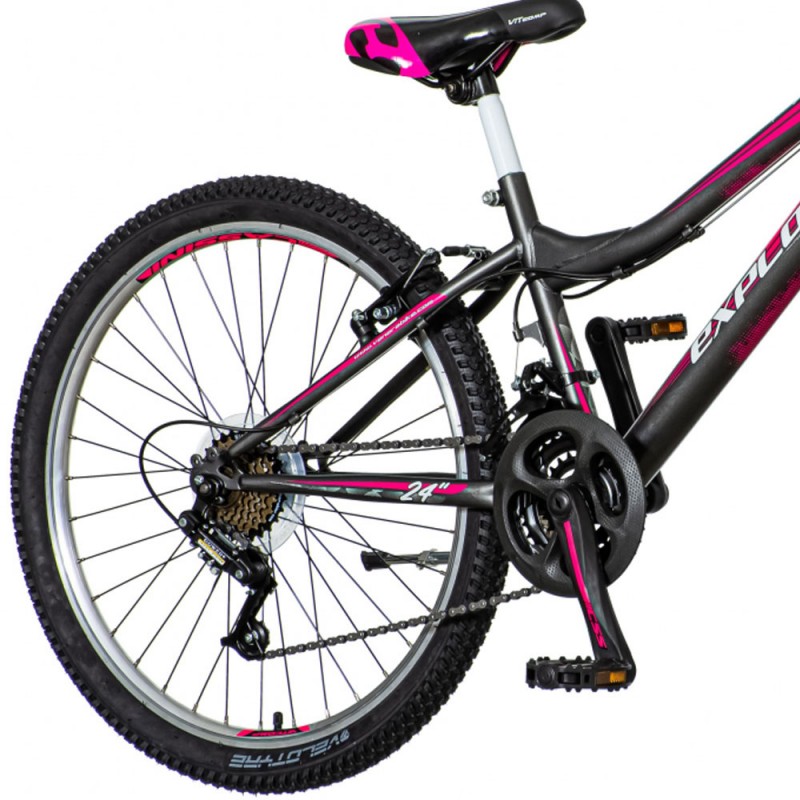 Decipher character adjacent Bicicleta MTB 24 inch, pentru dama, 18 viteze Power, cadru otel, V-Brake,  gri-roz, Explorer Magnito