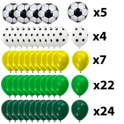 Kit aranjament baloane, tematica fotbal, fundal canvas, latex, folie de aluminiu, 63 piese
