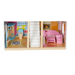 Casa de papusi, din lemn, lumini LED, scara interioara, mansarda, balcon, 14 piese, 90x60x33 cm