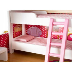 Casa de papusi, din lemn, lumini LED, scara interioara, mansarda, balcon, 14 piese, 90x60x33 cm