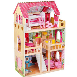 Casa de papusi, din lemn, lumini LED, scara interioara, mansarda, balcon, 14 piese, 90x60x33 cm