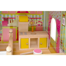 Casa de papusi, din lemn, lumini LED, scara interioara, mansarda, balcon, 14 piese, 90x60x33 cm