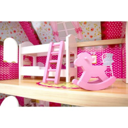Casa de papusi, din lemn, lumini LED, scara interioara, mansarda, balcon, 14 piese, 90x60x33 cm