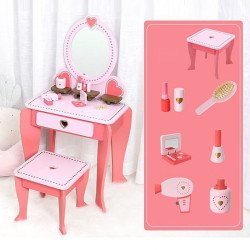 Set masa de toaleta pentru fetite, 92x34x49 cm, scaun si oglinda, accesorii par si machiaj, lemn roz