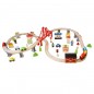 Trenulet lemn, cale ferata 110x60x30 cm, masini, oras, benzinarie, spital, diverse piese lemn multicolore
