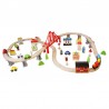 Trenulet lemn, cale ferata 110x60x30 cm, masini, oras, benzinarie, spital, diverse piese lemn multicolore