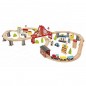 Trenulet lemn, cale ferata 110x60x30 cm, masini, oras, benzinarie, spital, diverse piese lemn multicolore
