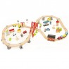 Trenulet lemn, cale ferata 110x60x30 cm, masini, oras, benzinarie, spital, diverse piese lemn multicolore
