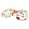 Trenulet lemn, cale ferata 110x60x30 cm, masini, oras, benzinarie, spital, diverse piese lemn multicolore