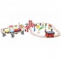 Trenulet lemn, cale ferata 110x60x30 cm, masini, oras, benzinarie, spital, diverse piese lemn multicolore