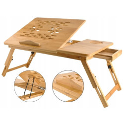 Masuta laptop 14 inch, pliabila, suport pahar, sertar, lemn de bambus, 50x30 cm