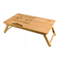 Masuta laptop 14 inch, pliabila, suport pahar, sertar, lemn de bambus, 50x30 cm