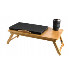 Masuta laptop 14 inch, pliabila, suport pahar, sertar, lemn de bambus, 50x30 cm