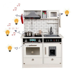 Bucatarie de lemn pentru copii, iluminata, efecte sonore, 4 accesorii incluse, design vintage, 65x30x93 cm, alb