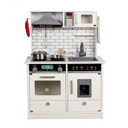 Bucatarie de lemn pentru copii, iluminata, efecte sonore, 4 accesorii incluse, design vintage, 65x30x93 cm, alb
