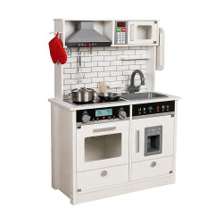 Bucatarie de lemn pentru copii, iluminata, efecte sonore, 4 accesorii incluse, design vintage, 65x30x93 cm, alb