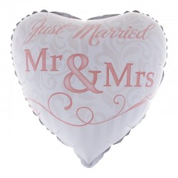 Balon Just Married, Mr&Mrs, forma inimioara, folie de aluminiu, alb
