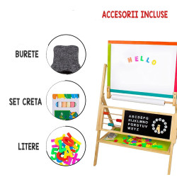 Tablita de scris pentru copii, 2 in 1, fata magnetica si pentru creta, 60x40 cm, alfabet si ceas, rola hartie