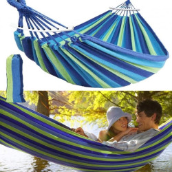 Hamac dublu cu suport metalic, 150x200 cm, bumbac, tije sustinere lemn, maxim 200 kg, husa inclusa