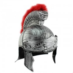 Casca soldat roman, coif argintiu gladiator, pene rosii, marime universala